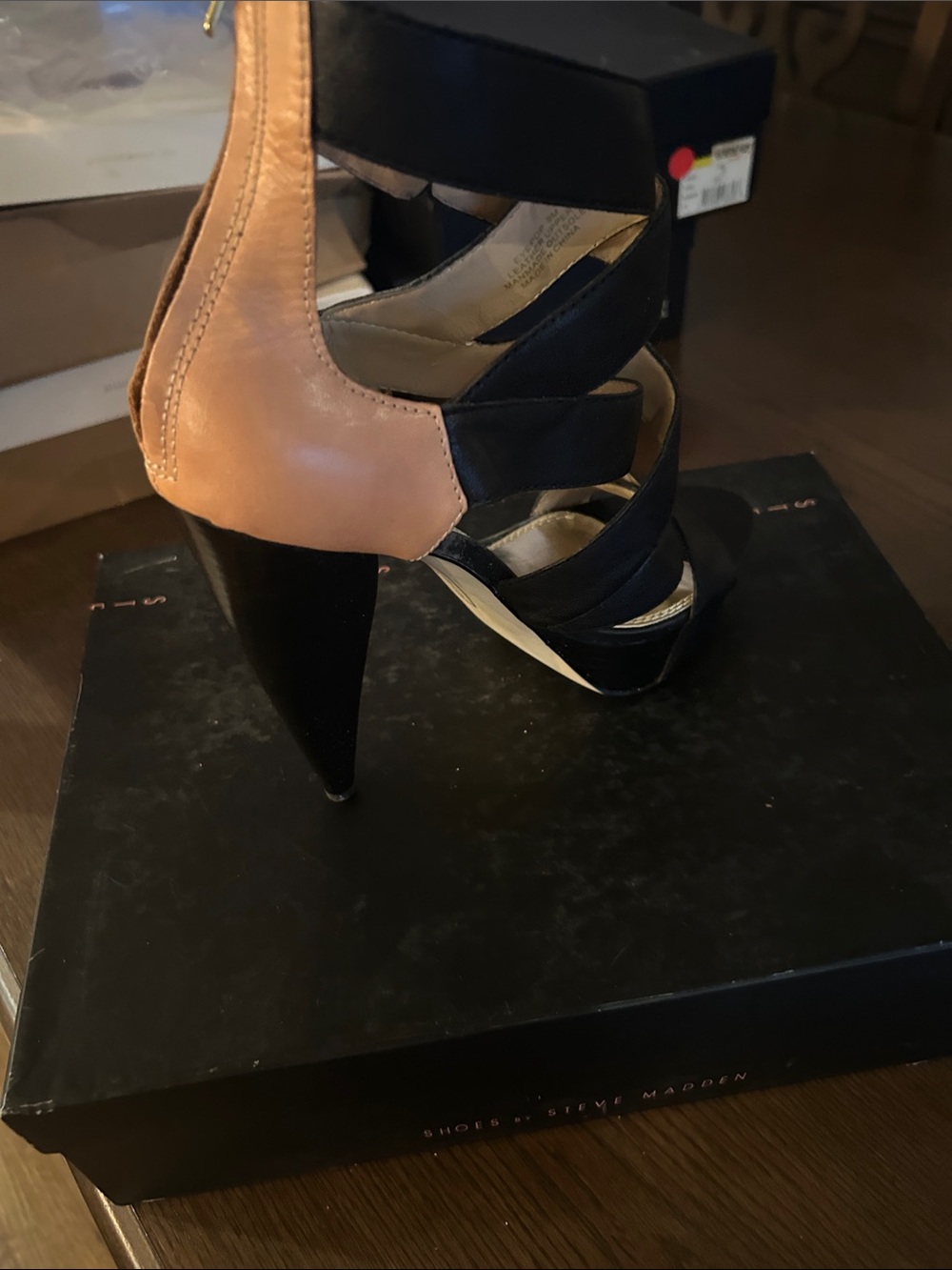 Steve Madden Black and Tan Strappy High Heel Sandals